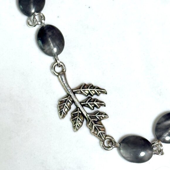 Genuine Grey Tourmalinated Quartz Short Necklace, Gemstone & Leaf Branch Pendant - Picture 6 of 14